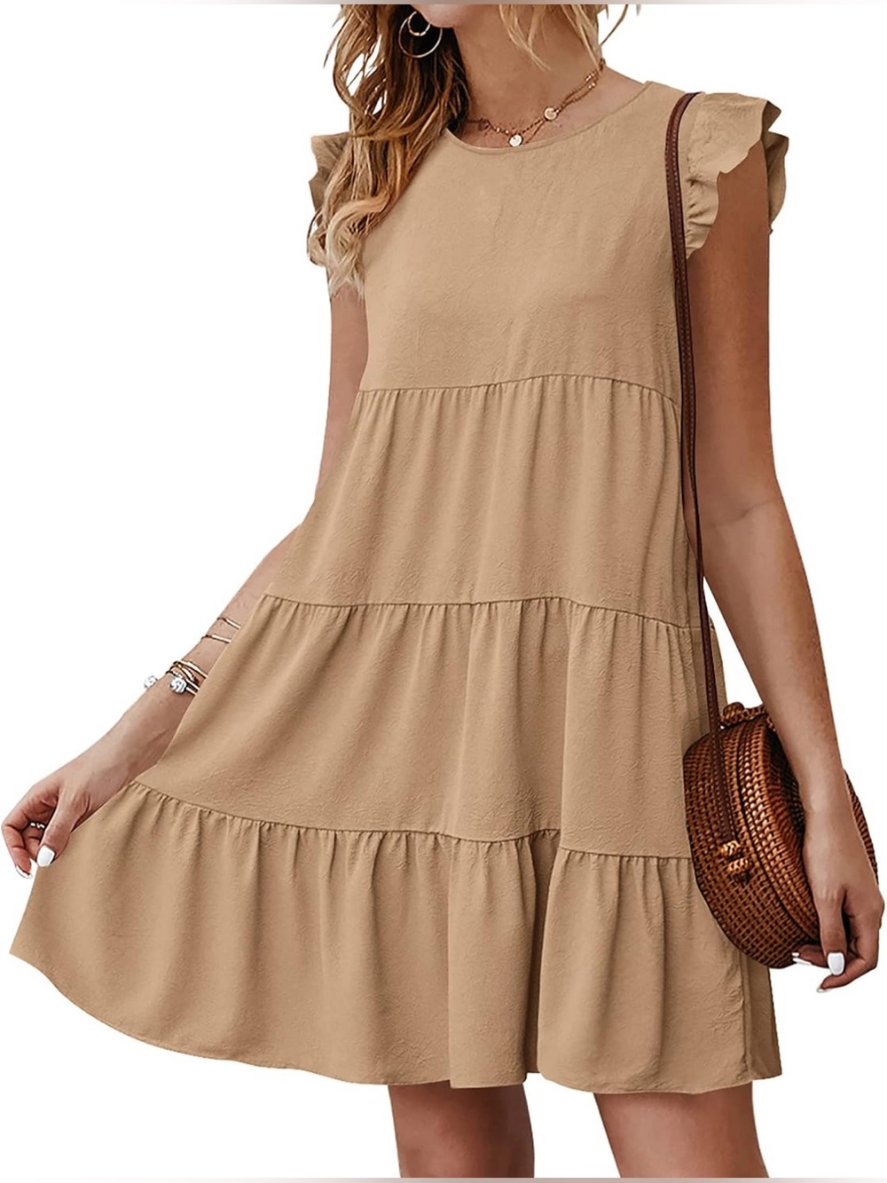 NWT Tan Tiered Mini Dress with Ruffle Shoulders Women’s S